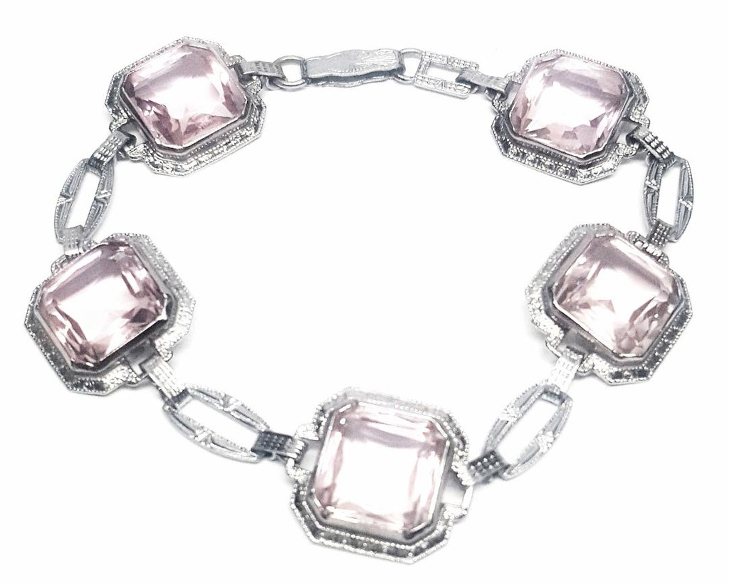 Sterling Silver Big Pink Emerald-Cut Crystals Bracelet - Vintage