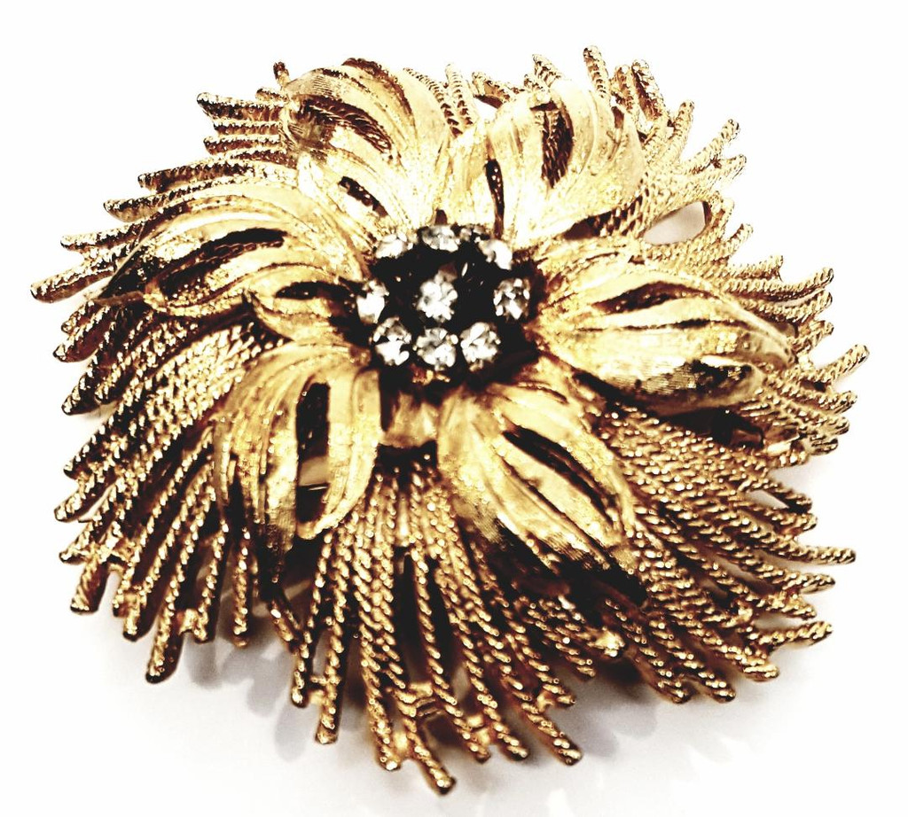 HAR Bursting Dimensional Flower Rhinestone Rich Gold Tone Brooch - Vintage 1950s