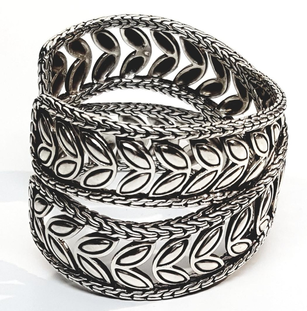 John Hardy Sterling Silver Wide Solid Dimensional Petal Cuff Bracelet - Vintage 