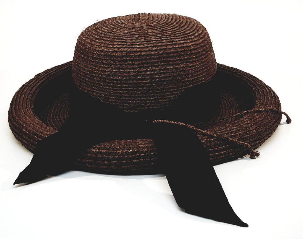 Kaminski Big Black Bow Chocolate Raffia Hand Made Hat - Vintage 1980s