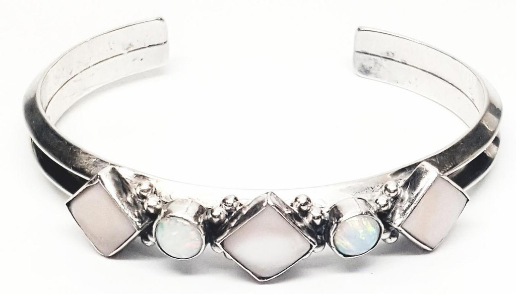 Sterling Silver and Faceted Opal Stones Cuff Bracelet - Vintage 