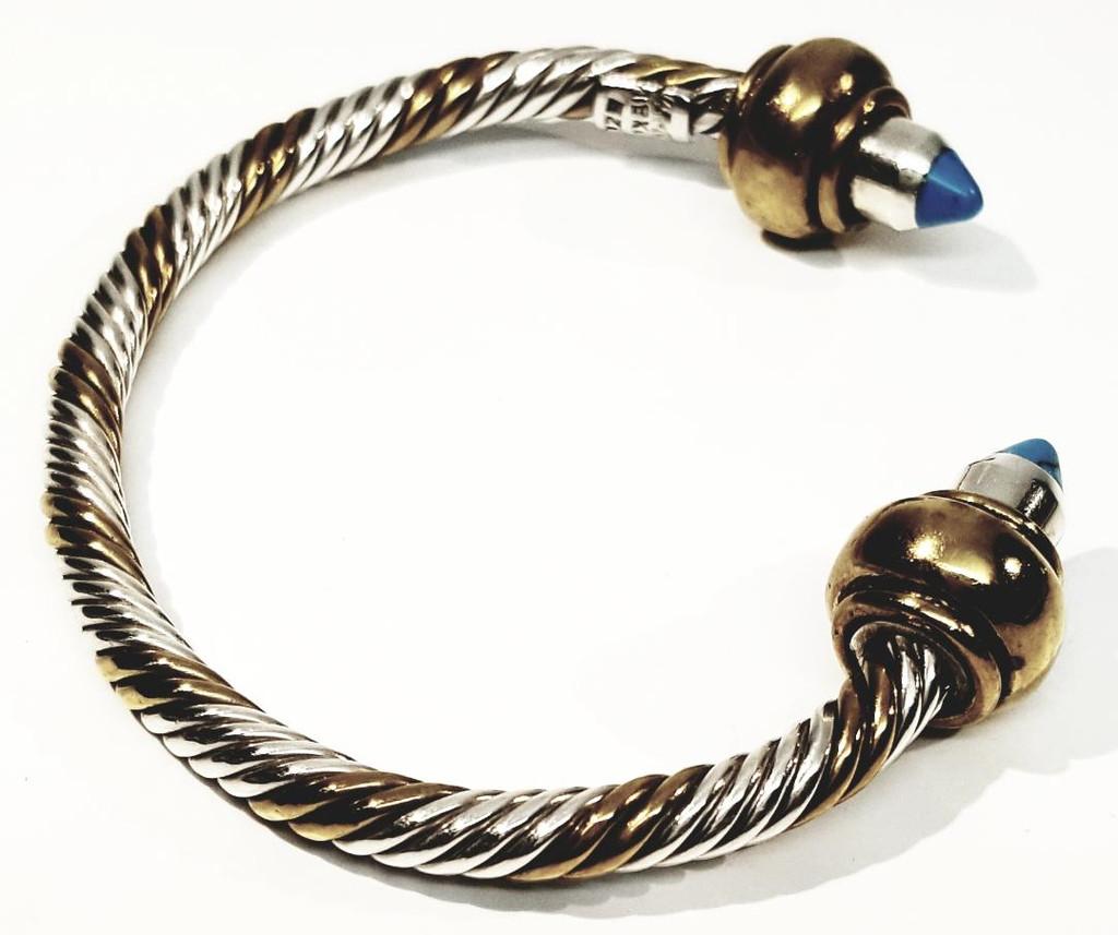 Taxco Sterling Silver Brass and Turquoise Stones Cable Cuff Bracelet - Vintage 1950s