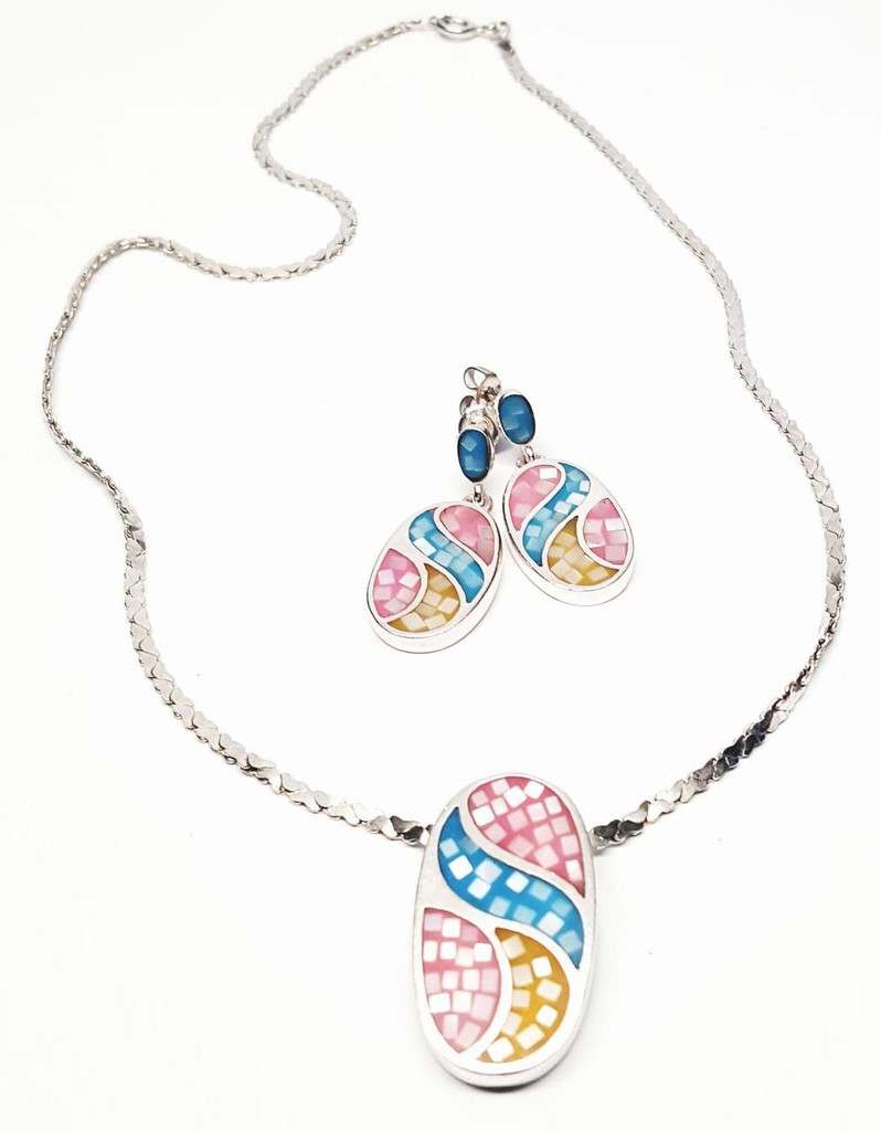 Sterling Silver Mosaic Mother of Pearl Inlay Egg Design Necklace and Earrings Set - Vintage 