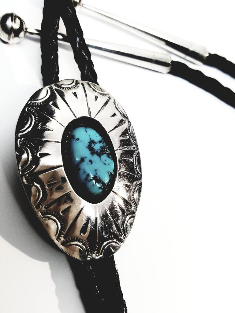 Sterling Silver  Sleeping Beauty Turquoise Stone Shadow Box Navajo Bolo Tie - Vintage
