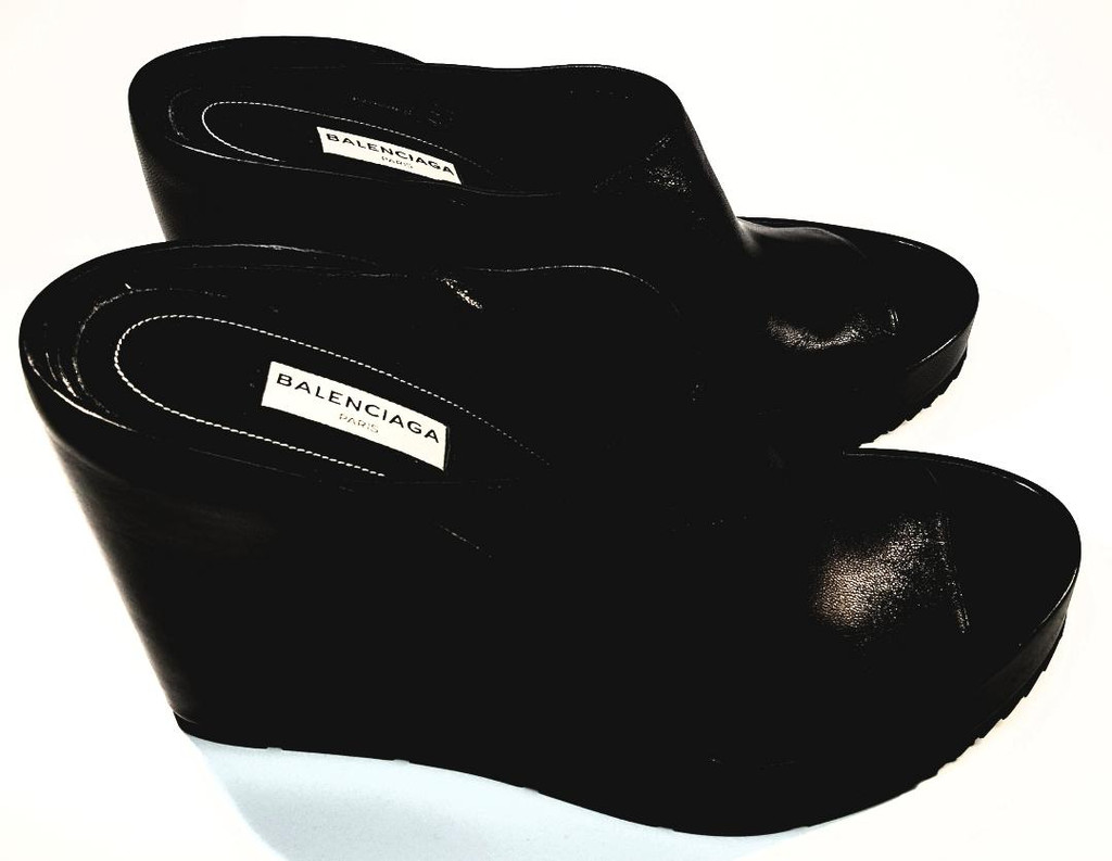 Balenciaga Paris Black Leather Slide-In Open Toe Platforms - Size US 7-7.5 - New