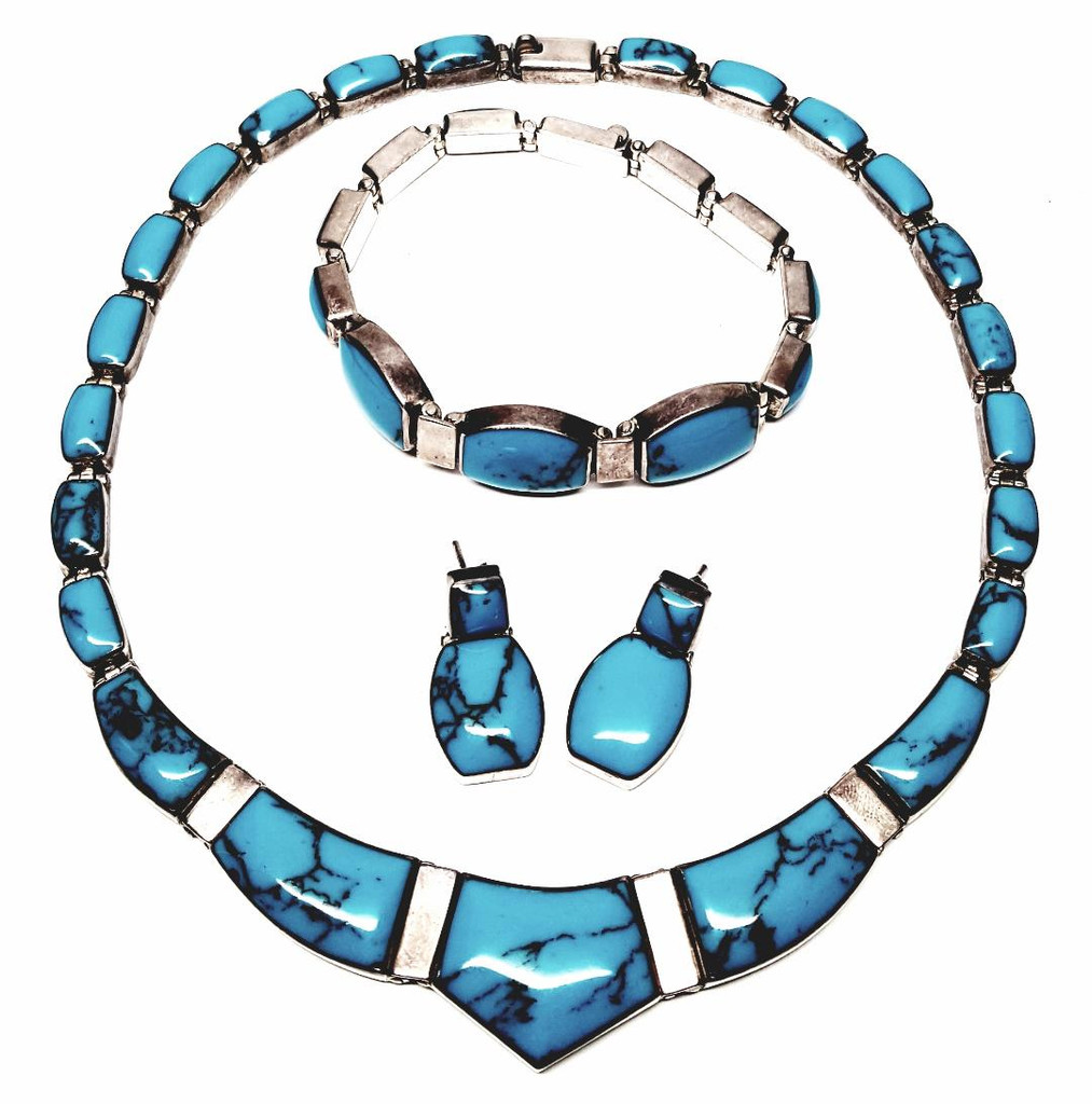 Taxco Sterling Silver Natural Turquoise Stone Modernist Demi Parure Necklace Bracelet Earrings Set - Vintage