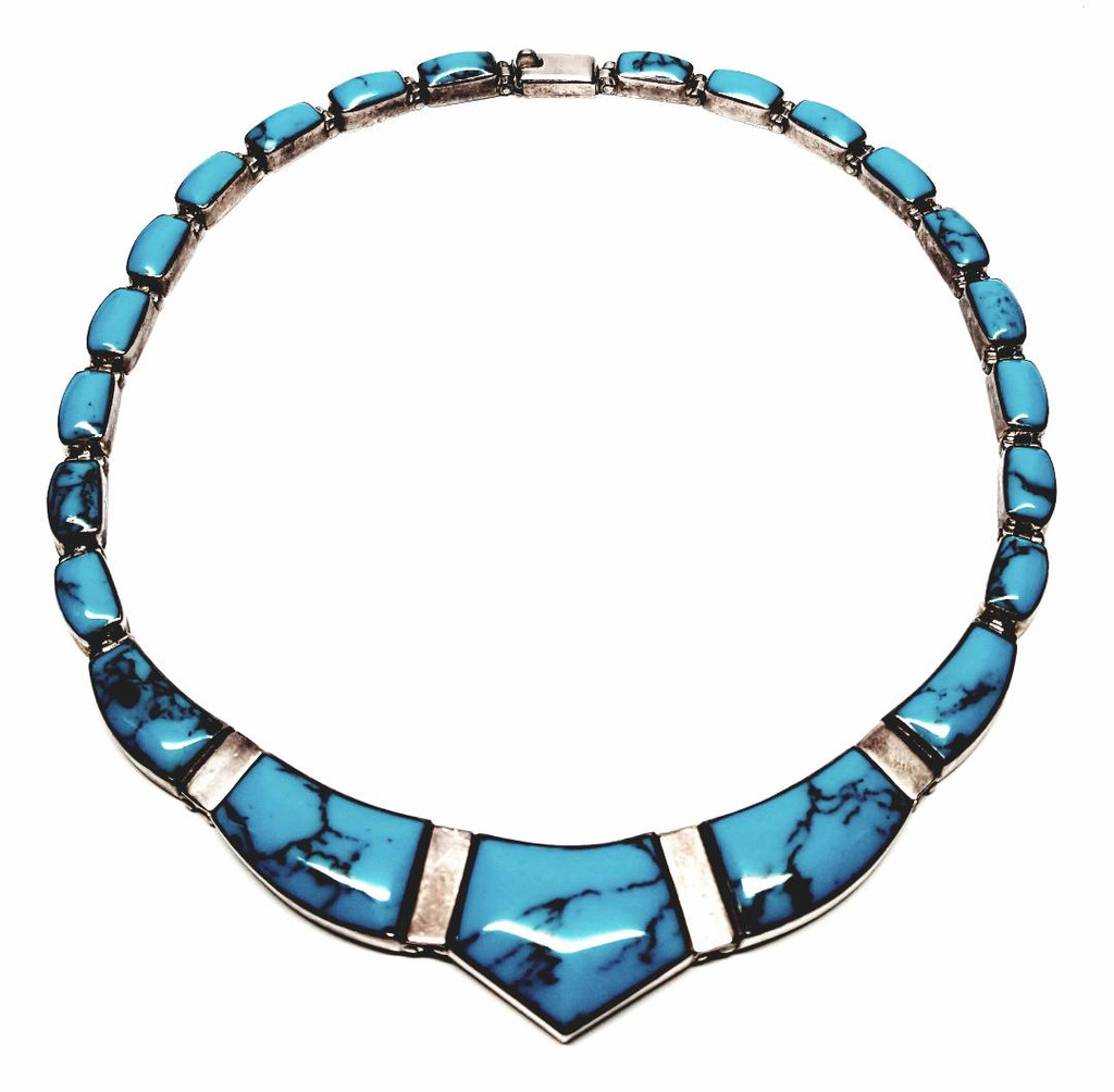 Taxco Sterling Silver Natural Turquoise Stone Modernist Demi Parure Necklace Bracelet Earrings Set - Vintage