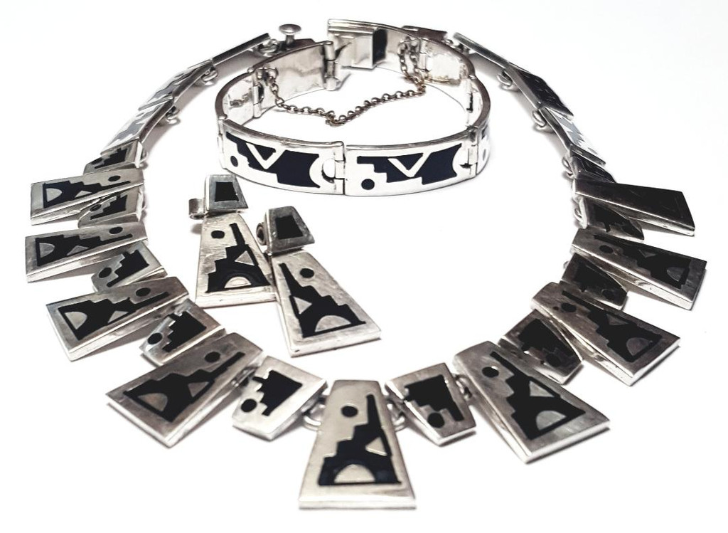 Taxco Sterling Silver Sun Aztec Tower Necklace Bracelet Earrings Demi Parure Set - Vintage
