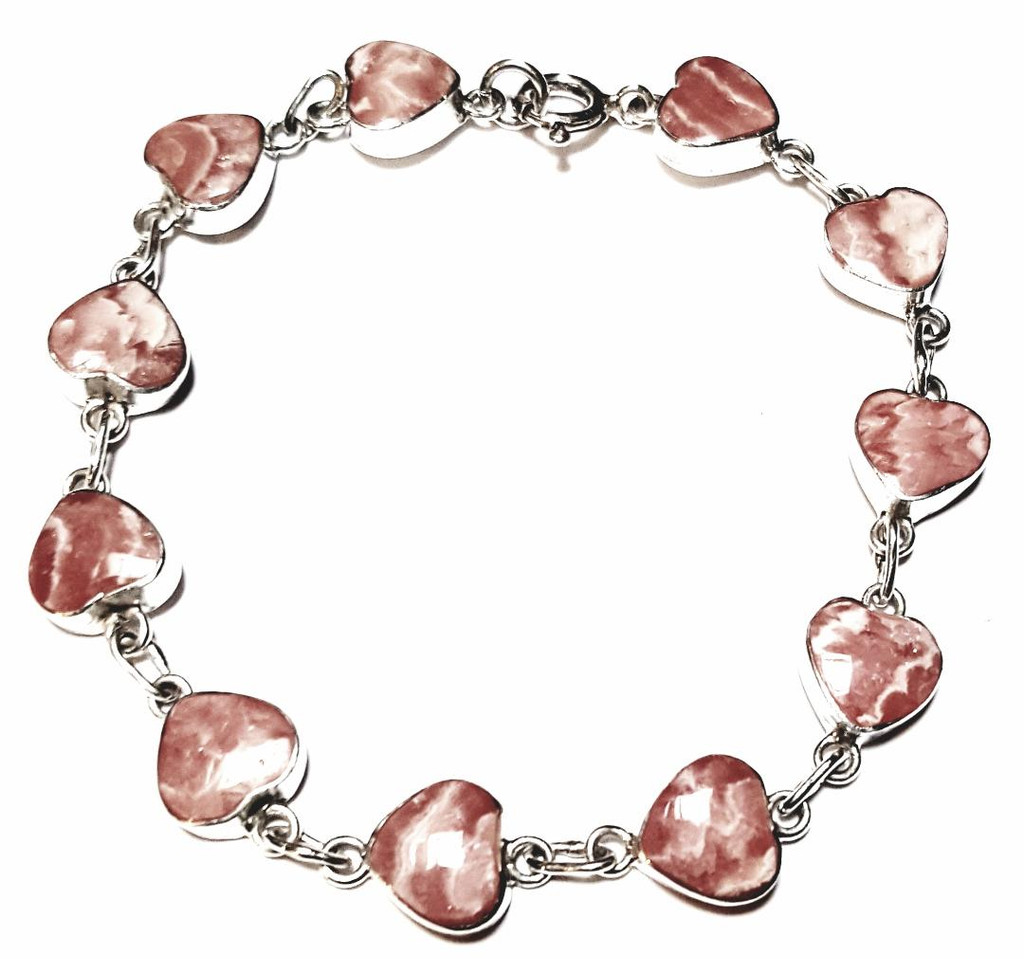 Sterling Silver Rhodochrosite Pink Love Stone Graduated Heart Bracelet - Vintage and Adorable!