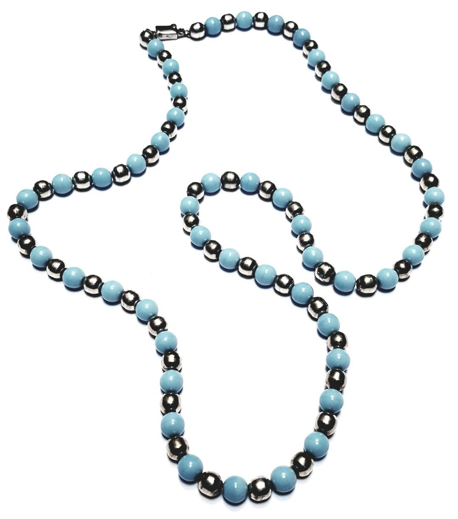 Taxco Sterling Silver Baby Blue Glass Graduated Beads Long Necklace - Vintage