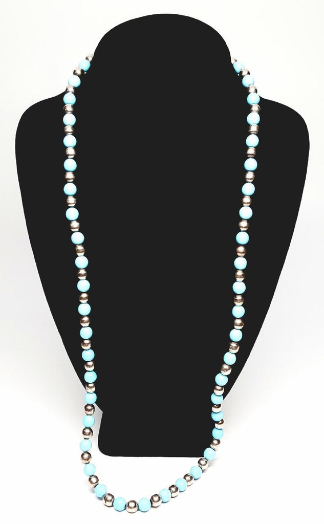 Taxco Sterling Silver Baby Blue Glass Graduated Beads Long Necklace - Vintage