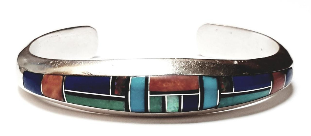 Sterling Silver Inlaid Stones Solid Cuff by Phillip Sanchez - Vintage and Gorgeous!