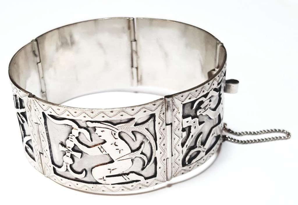 Sterling Silver Maiden Storyteller Wide Bangle Bracelet - Vintage