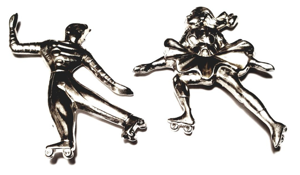 Sterling Silver Roller Skating Couple Demi Parure Brooch Set  - Vintage 1950s