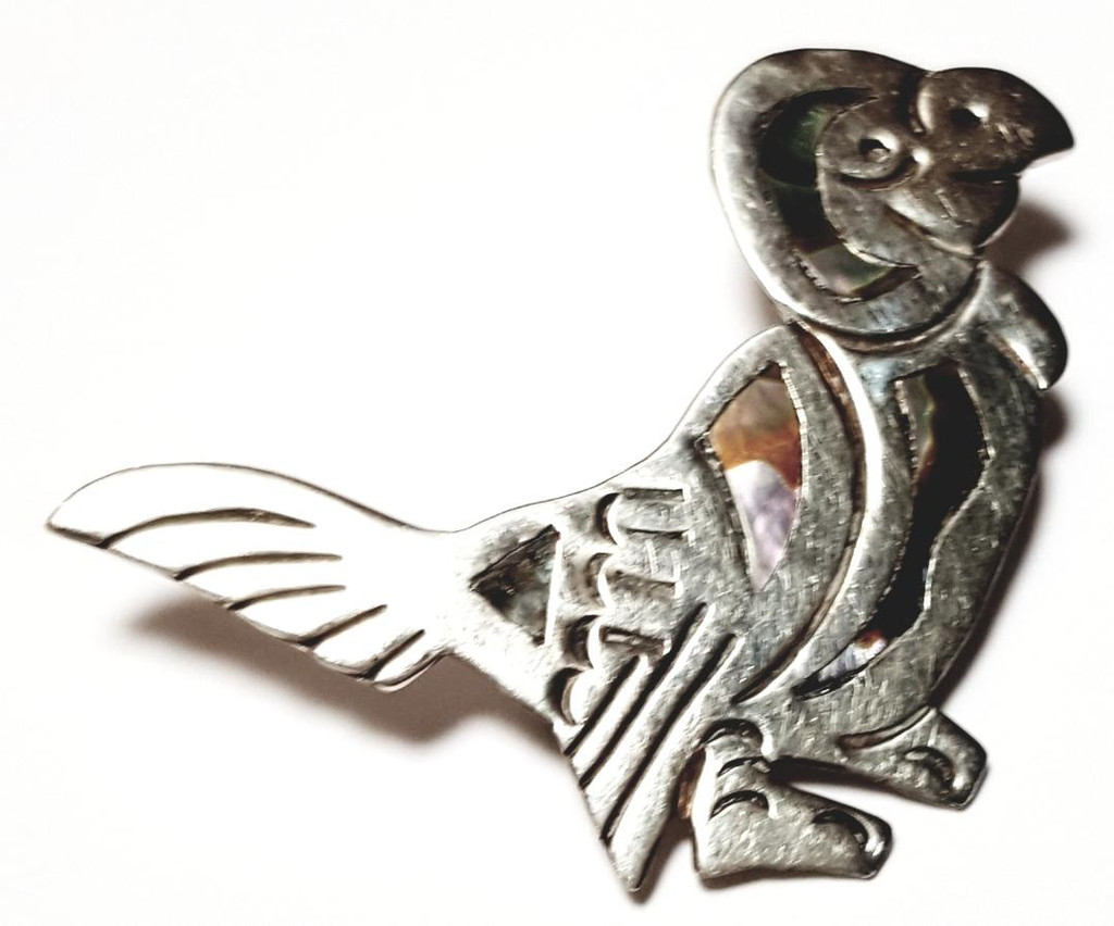 ES Sterling Silver Abalone Parrot Brooch - Vintage 1950s