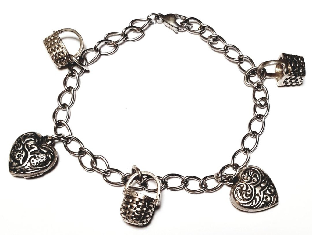 Sterling Silver Baskets and Hearts Charms Bracelet - Vintage