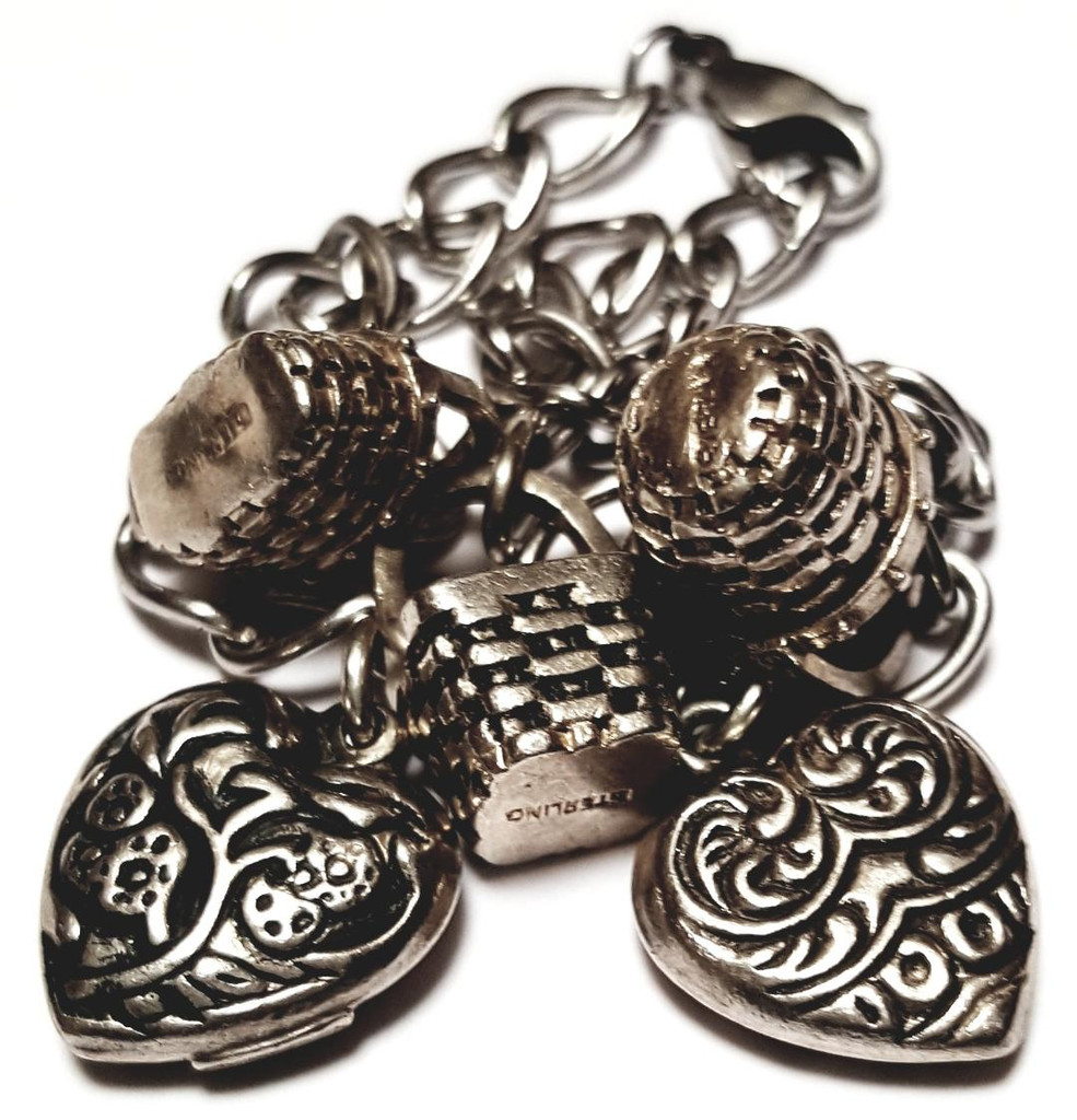 Sterling Silver Baskets and Hearts Charms Bracelet - Vintage