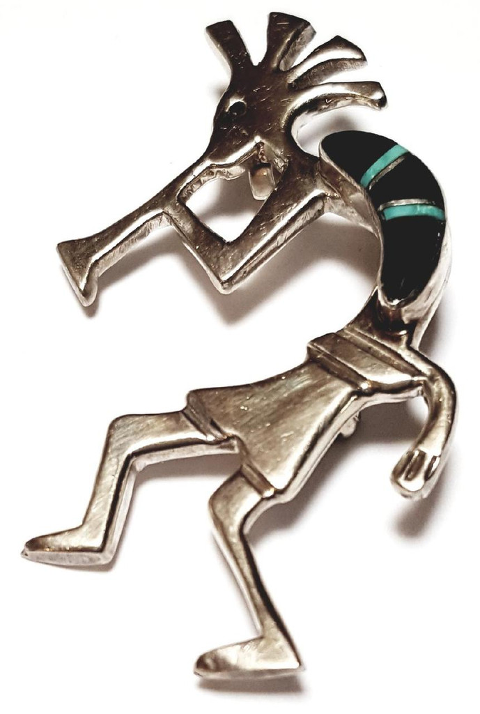 JB Sterling Silver Onyx Turquoise Kokopelli Brooch and Pendant  - Vintage