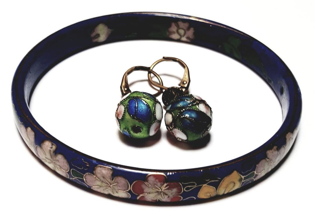 Enamel Bangle - Cloisonné Pastel Pink Flowers in Blue Bracelet and Earrings Set - Vintage