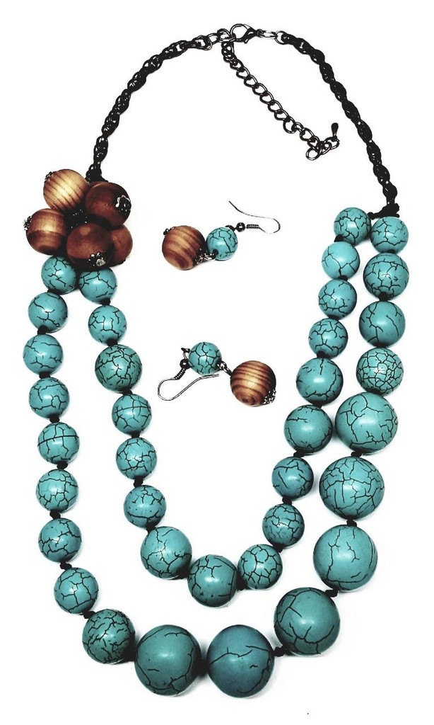 Heavy Howlite Turquoise Colored Stone Necklace and Earrings Set - Vintage
