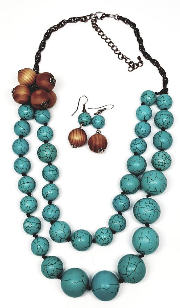 Heavy Howlite Turquoise Colored Stone Necklace and Earrings Set - Vintage