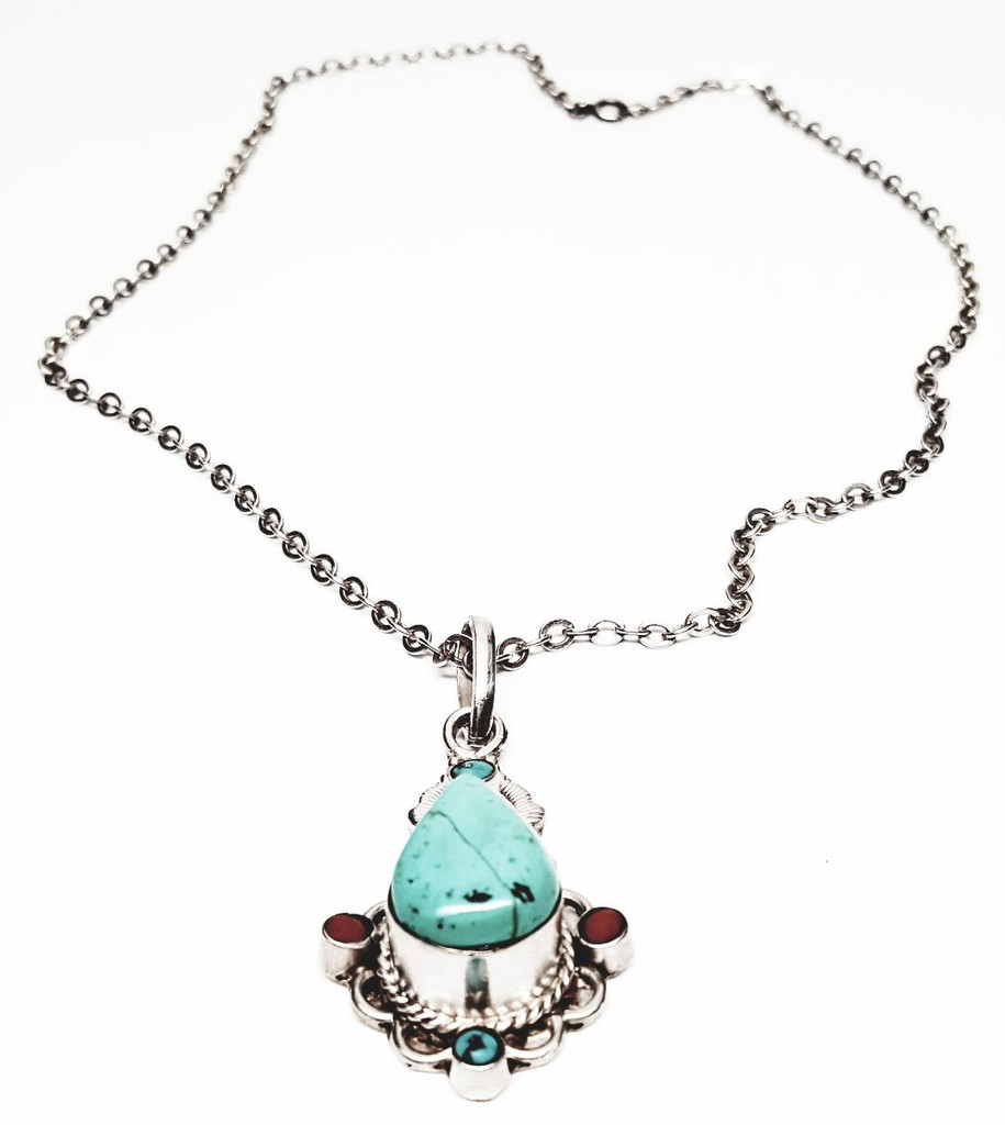 Sterling Silver Natural Turquoise and Coral Stones Zuni Pendant Necklace - Vintage