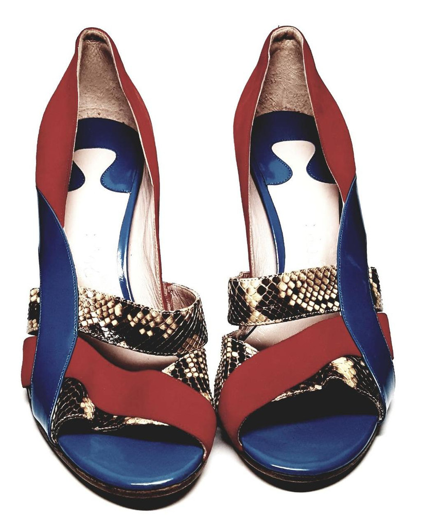 Chloe Red Suede Blue Patent Leather and Python Color Block Open Toe Heels  - Size US 10