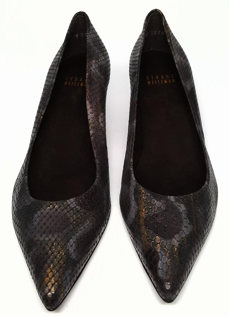 Stuart Weitzman Snakeskin Gold Smoke and Hints of Purple Pointed Toe Kitten Heels - Size US 7W - New