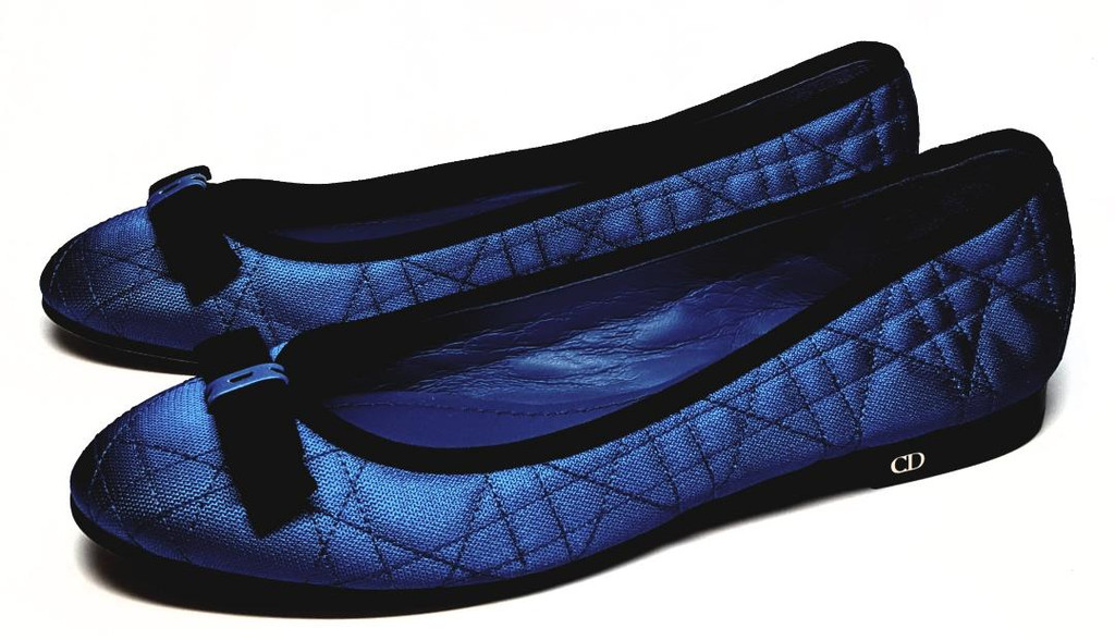 Christian Dior Quilted Satin Royal Blue with a Black Bow Ballet Flats - Size US 8 - New