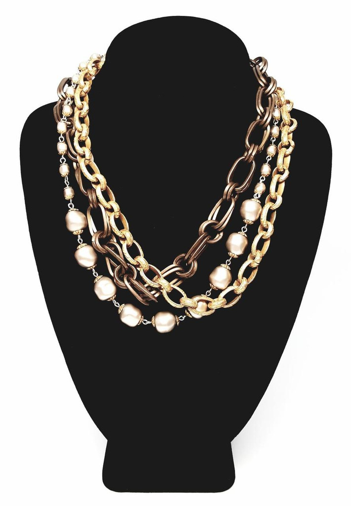 Catherine Popesco Heavy Faux Baroque Pearls and Gold Links Three-Strand Statement Necklace
