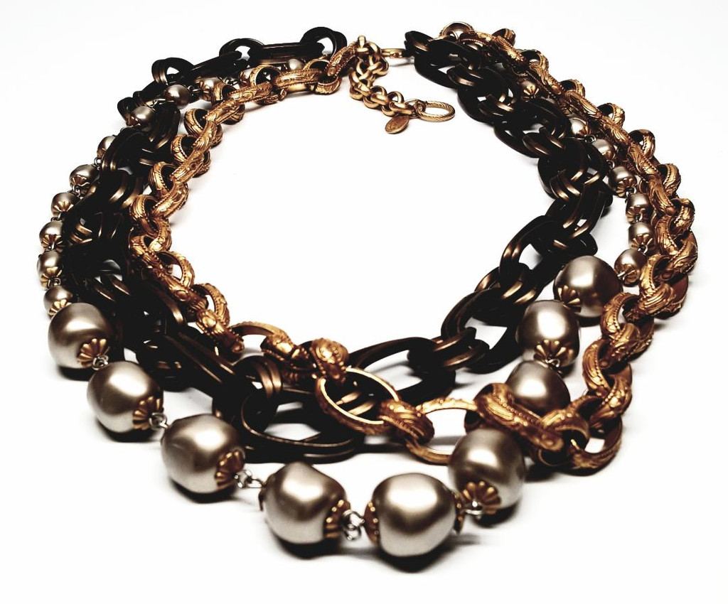 Catherine Popesco Heavy Faux Baroque Pearls and Gold Links Three-Strand Statement Necklace