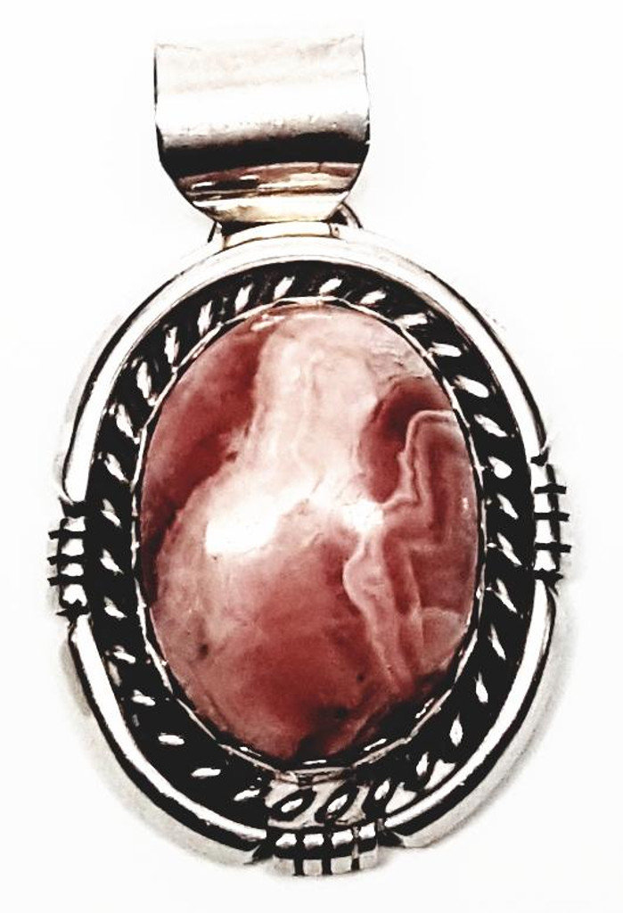 Richard Begay Sterling Silver Oval Rhodochrosite Stone Slider Pendant with Sterling Necklace - Vintage