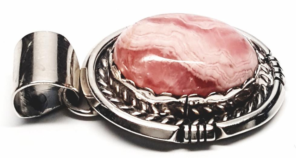 Richard Begay Sterling Silver Oval Rhodochrosite Stone Slider Pendant with Sterling Necklace - Vintage