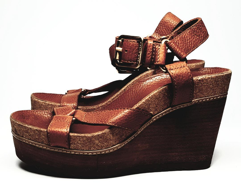 Tory Burch Caramel-Colored So Boho Soft Pebbled Leather High Wedge Mary Jane Sandals - Size US 7M