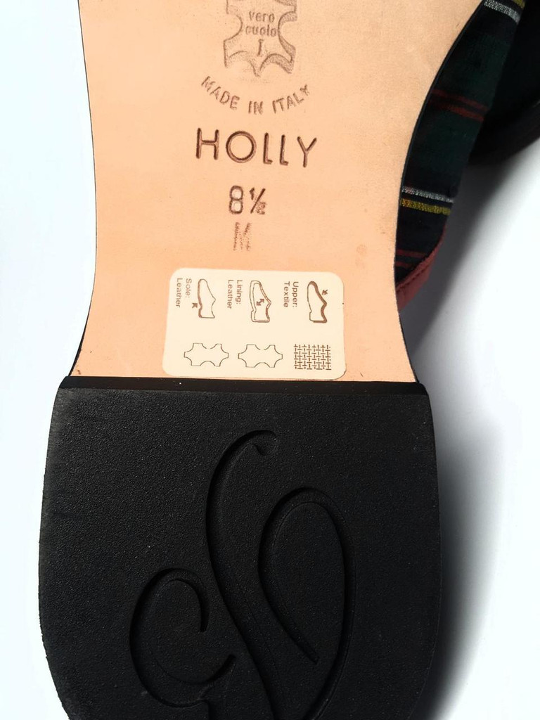 Brighton Silk Green Plaid Red Leather Bow Mules - Size US 7.5M - Vintage