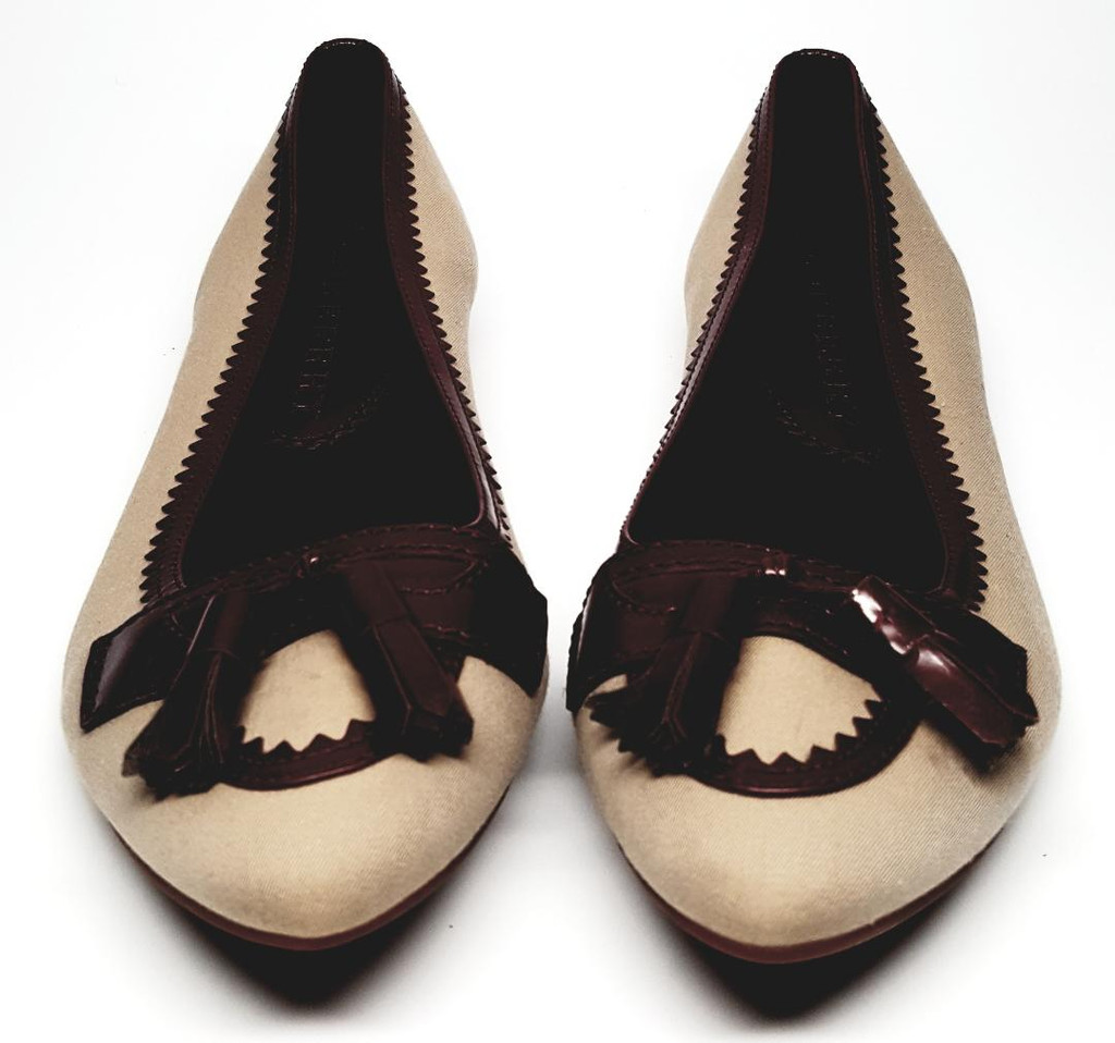 Burberry Khaki Textile Crimson Lined Leather and Bow Pointed Toe Flats  - Size US 7.5 - New