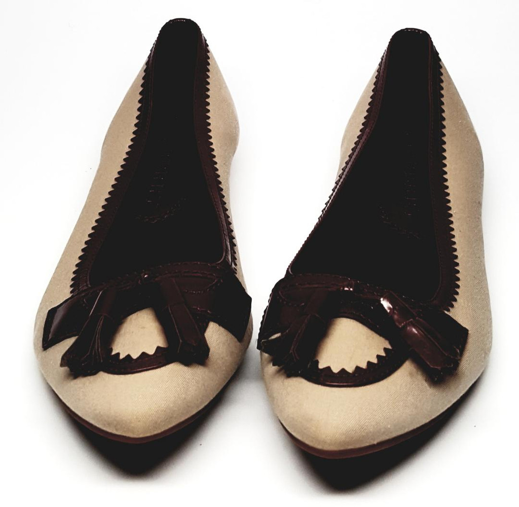 Burberry Khaki Textile Crimson Lined Leather and Bow Pointed Toe Flats  - Size US 7.5 - New