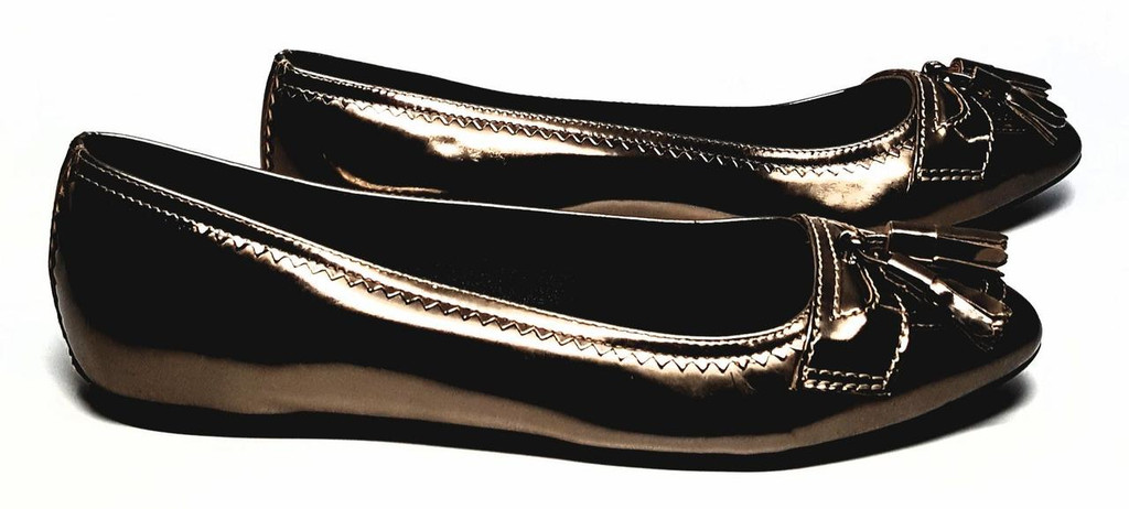 Burberry Shiny Bronze Leather Pointed Toe Tassel Ballet Flats - Size US 6.5 - New