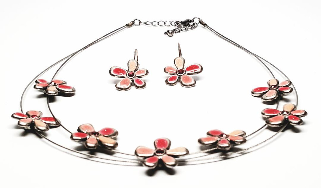 Pewter Pretty Pink Enamel Flowers Necklace Earrings Set - Vintage 1980s Deadstock