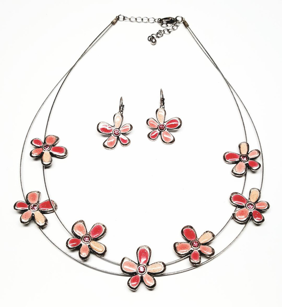 Pewter Pretty Pink Enamel Flowers Necklace Earrings Set - Vintage 1980s Deadstock