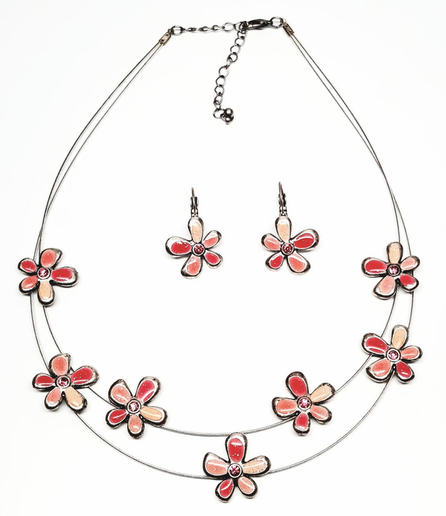 Pewter Pretty Pink Enamel Flowers Necklace Earrings Set - Vintage 1980s Deadstock