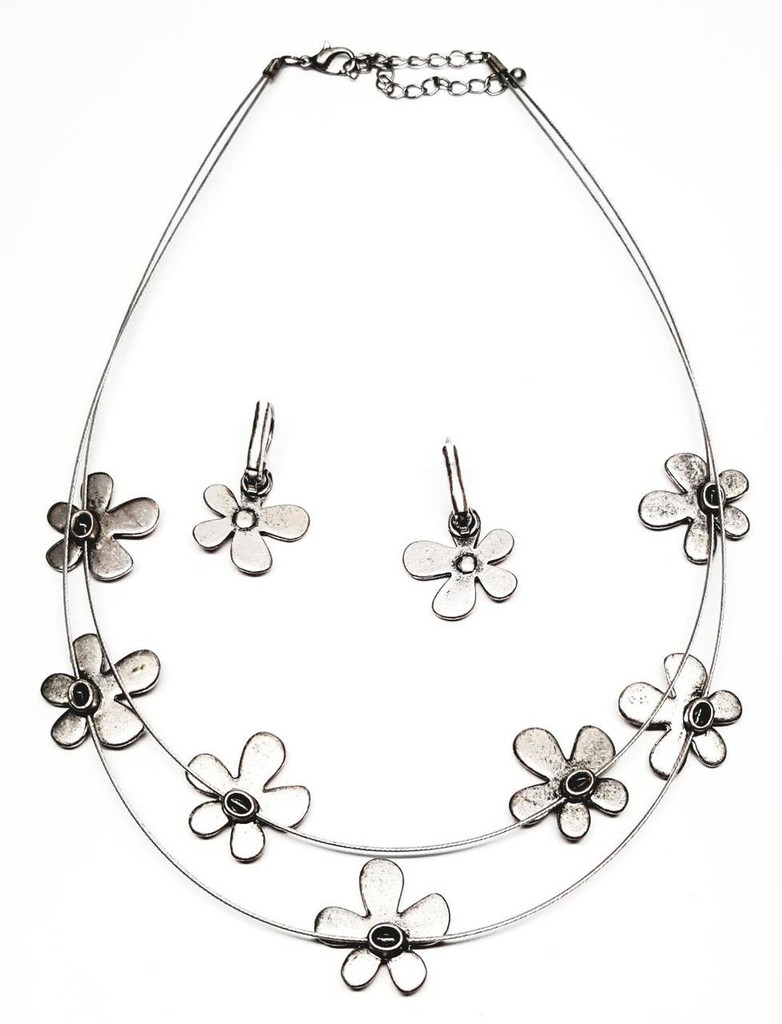 Pewter Pretty Pink Enamel Flowers Necklace Earrings Set - Vintage 1980s Deadstock