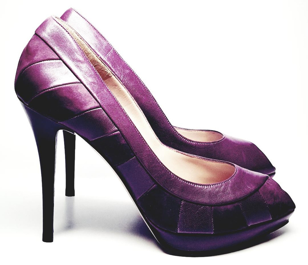 Salvatore Ferragamo Plum Soft Leather and Suede Peep Toe Platform Heels - Size US 8.5B - New