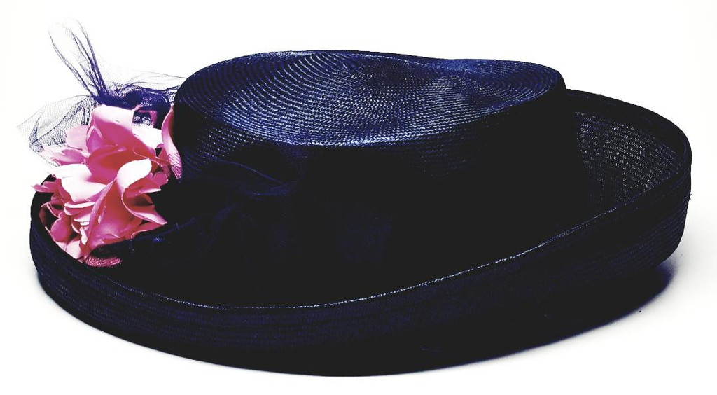 Plaza Suite Betmar Big Pink Flower Blueberry Fine Raffia Weaved Turned Brim Hat - Vintage 1980s