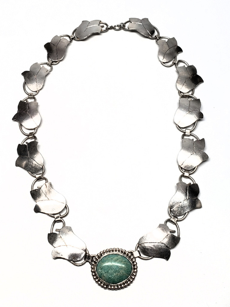 Old Pawn Sterling Silver Rose Links Turquoise Cabochon Choker Necklace - 1940s Vintage