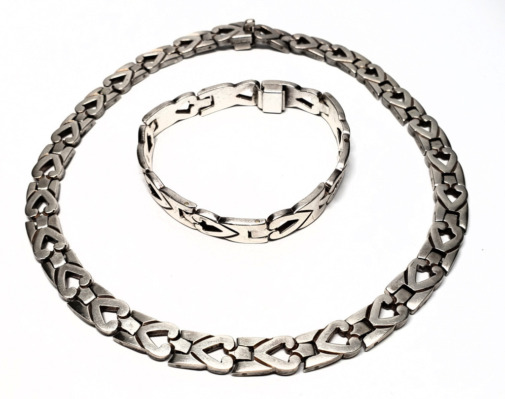 Taxco Sterling Silver Modernist Solid Cut Out Choker Necklace and Bracelet Demi Parure Set - Vintage