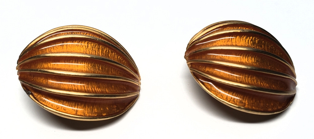 Tangerine Grooves Gold Tone Statement Clip-On Earrings - Vintage 1980s Deadstock