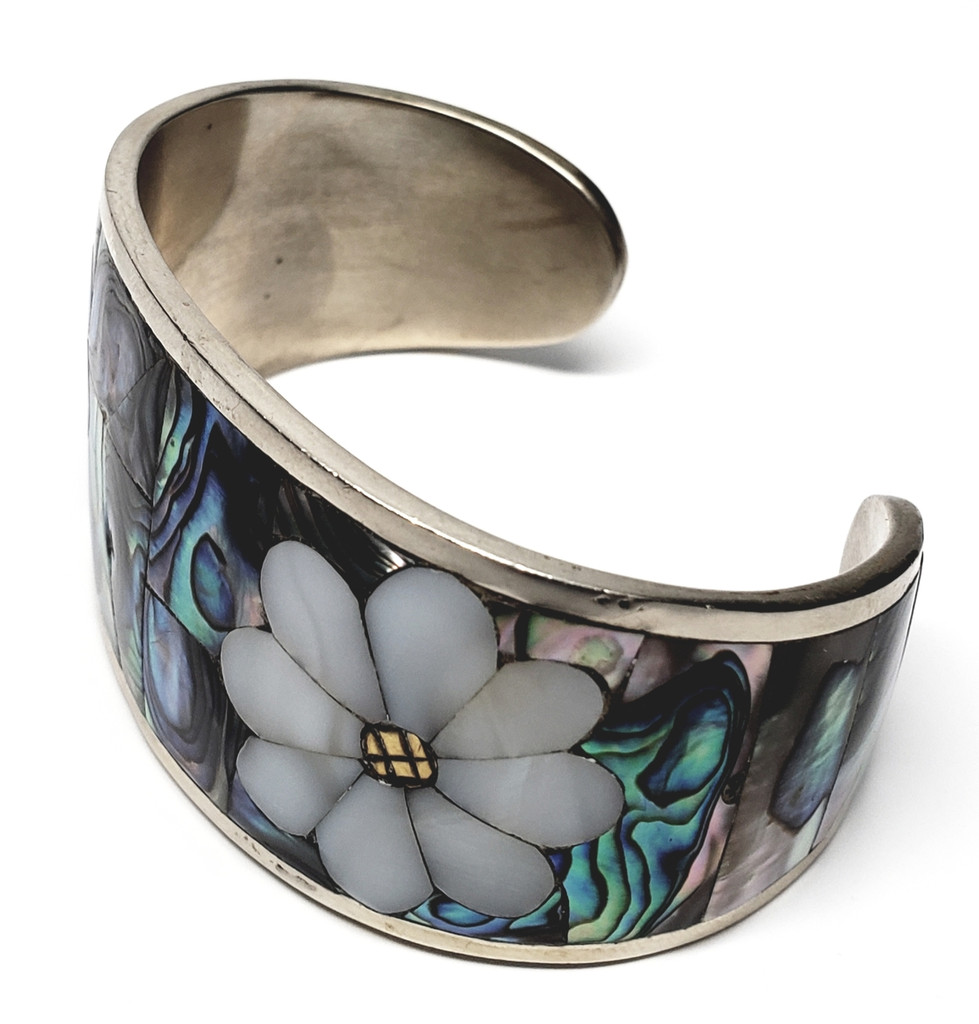 Sterling Silver Mother of Pearl Pastel Abalone Shell Gardenia Cuff Bracelet - Vintage 1960s Rare