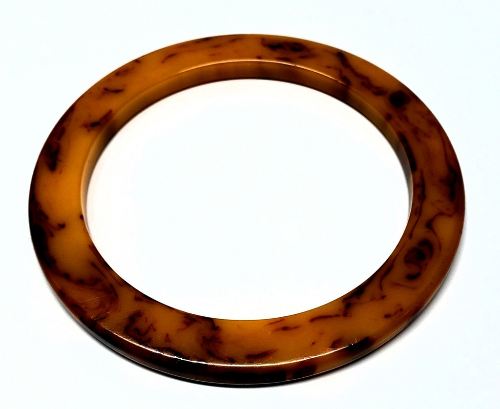 Bakelite Marbleized Butterscotch Flat Disc Bangle Bracelet - Vintage