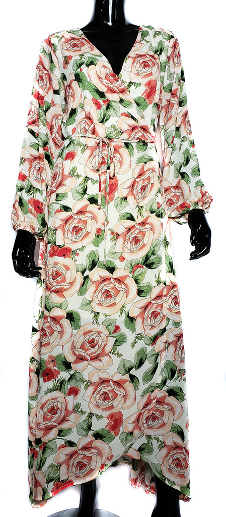 Bobeau Big Pink Roses Wrap Maxi Dress - Size Small